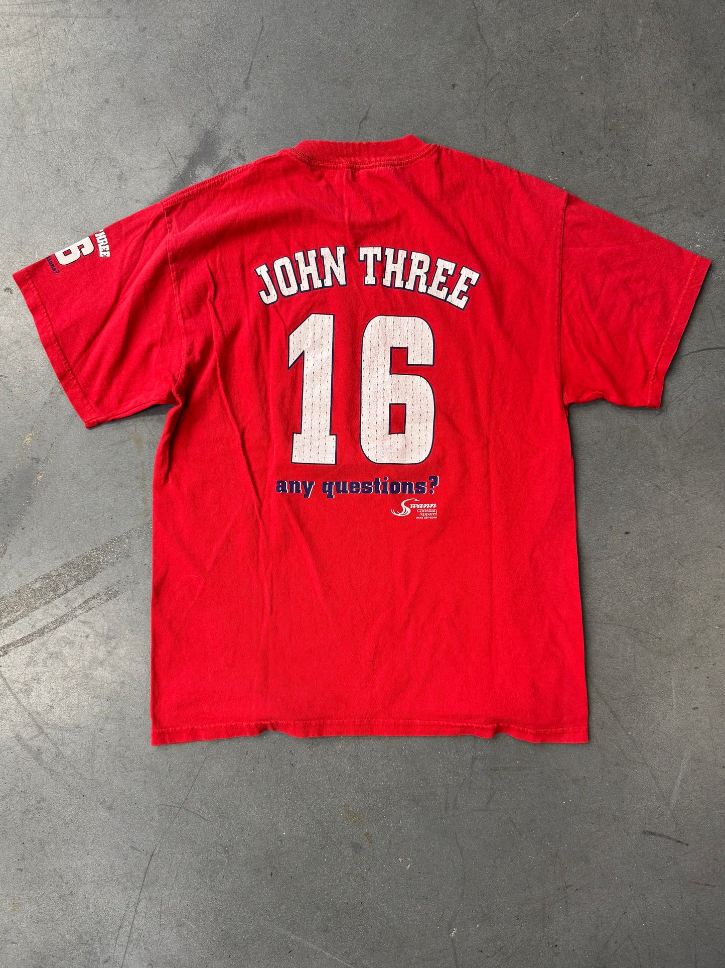 Y2K "JOHN THREE 16 ANY QUESTIONS?" JERSEY-STYLE TEE (DELTA TAG)
