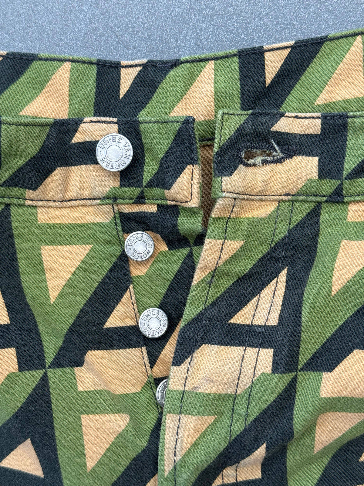 DRIES VAN NOTEN GEOMETRIC PRINT COTTON DENIM BERMUDA SHORTS