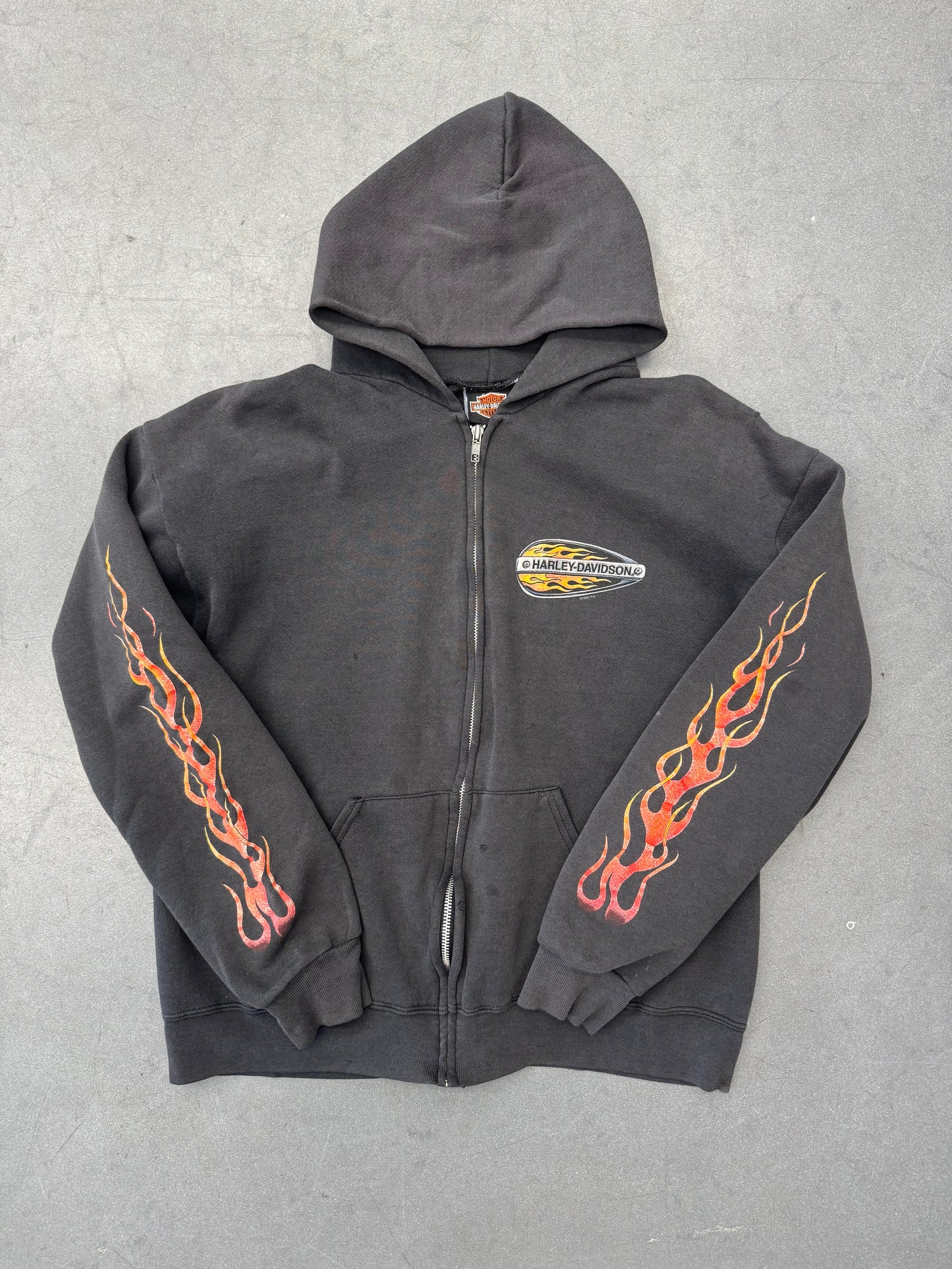 1999 HARLEY-DAVIDSON FLAME SLEEVE ZIP-UP FREDERICK, MD HOODIE (LEE TAG)