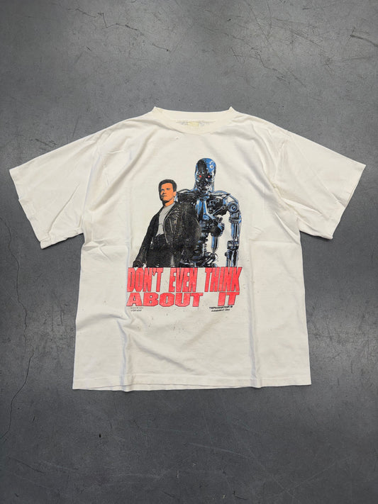 1991 TERMINATOR 2 JUDGMENT DAY "DON'T EVEN THINK ABOUT IT" TEE (FADED YELLOW TAG)