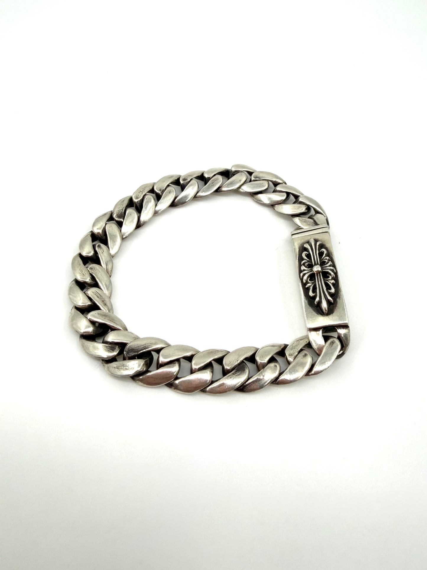 CHROME HEARTS BABY ID FLORAL CROSS CUBAN SILVER BRACELET