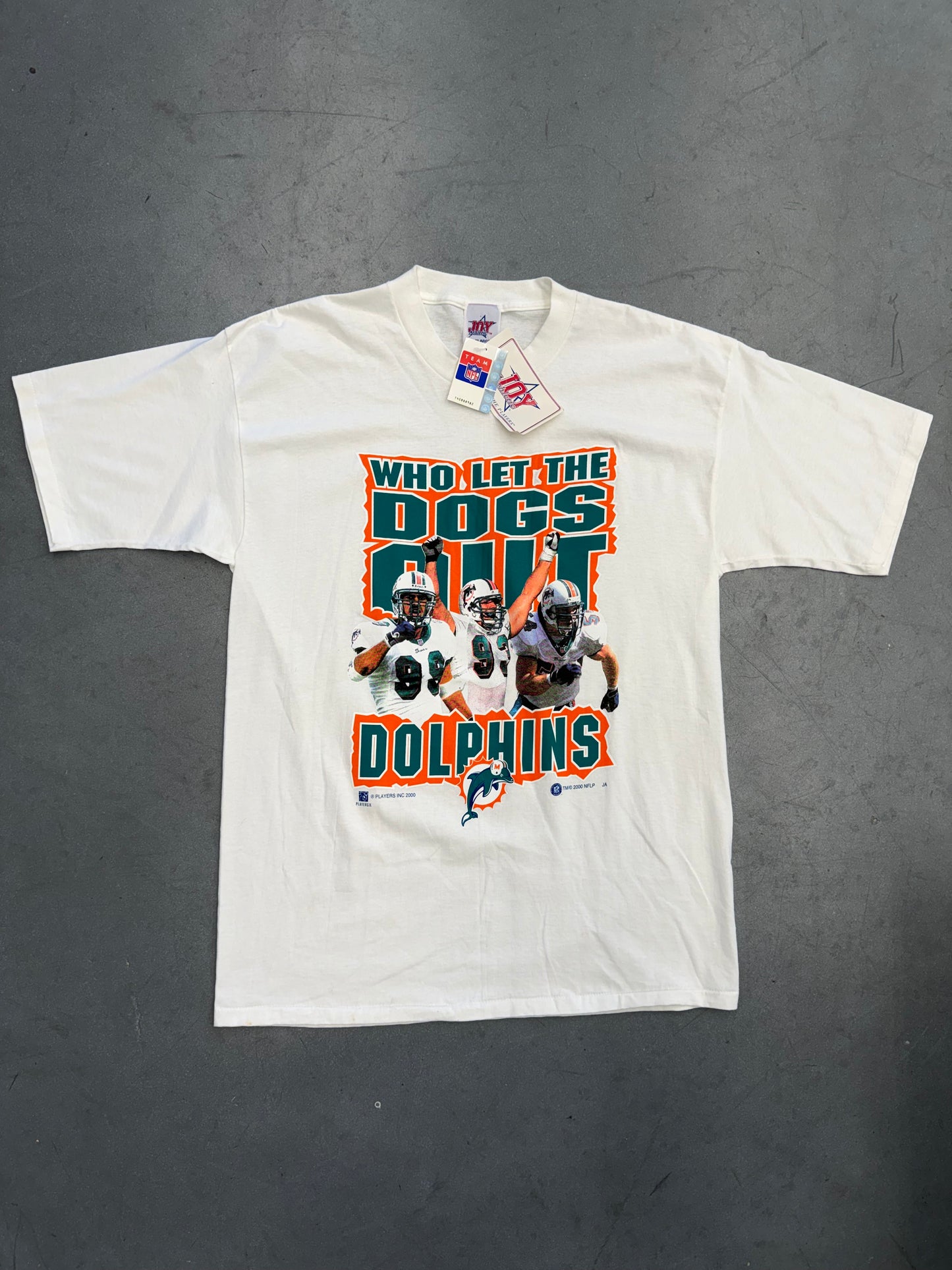 2000 MIAMI DOLPHINS WHO LET THE DOGS OUT NFLP TEE (JOY ATHLETIC TAG) (NWT)