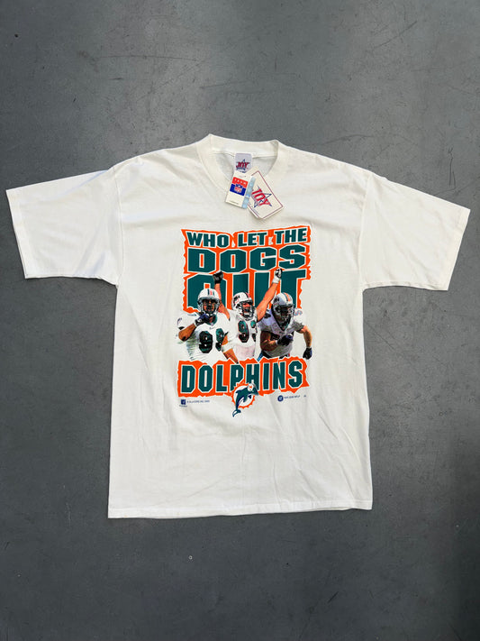2000 MIAMI DOLPHINS WHO LET THE DOGS OUT NFLP TEE (JOY ATHLETIC TAG) (NWT)