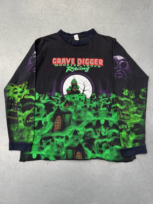 90S GRAVE DIGGER MONSTER TRUCK RACING AOP LS TEE (MADE IN USA TAG)