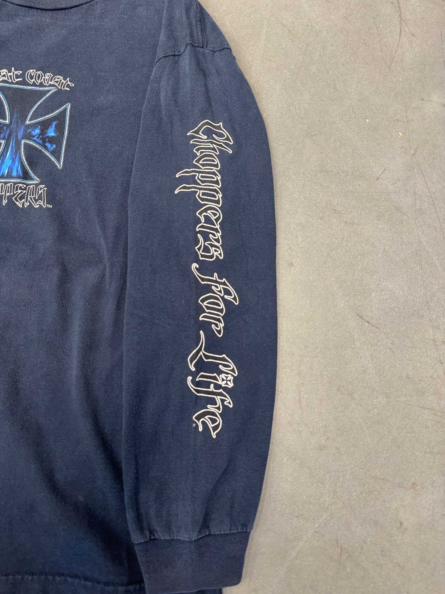 00'S WEST COAST CHOPPERS BLUE FLAME SKULL IRON CROSS LOGO "CHOPPERSF FOR LIFE" SPELLOIT LS TEE (TAG)