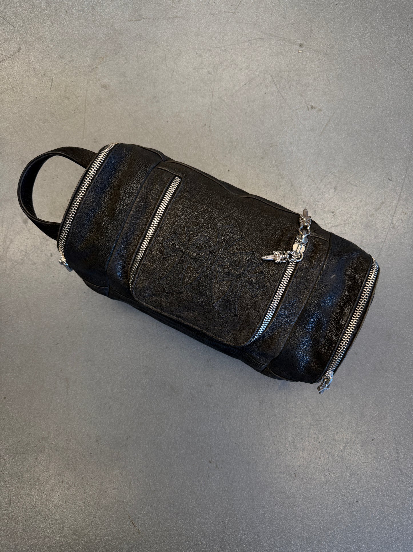 CHROME HEARTS TRIPLE CROSS LEATHER TOILETRY DUFFLE BAG