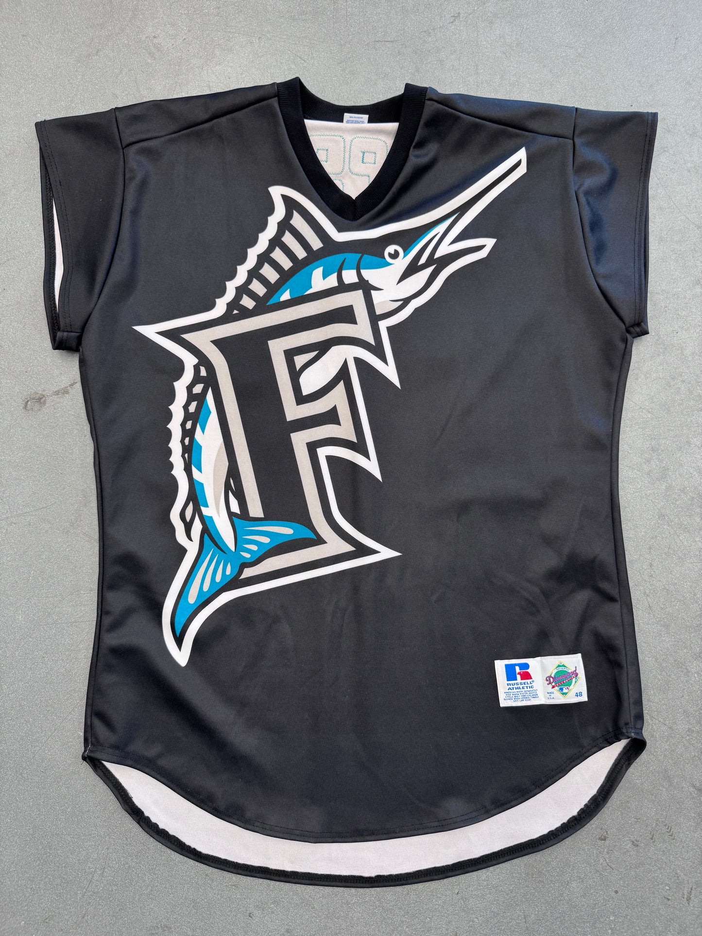 1999 FLORIDA MARLINS "TURN AHEAD THE CLOCK" RUSSELL ATHLETIC DIAMOND COLLECTION NYLON 3/4 SLEEVE JERSEY (DEMPSTER 46)