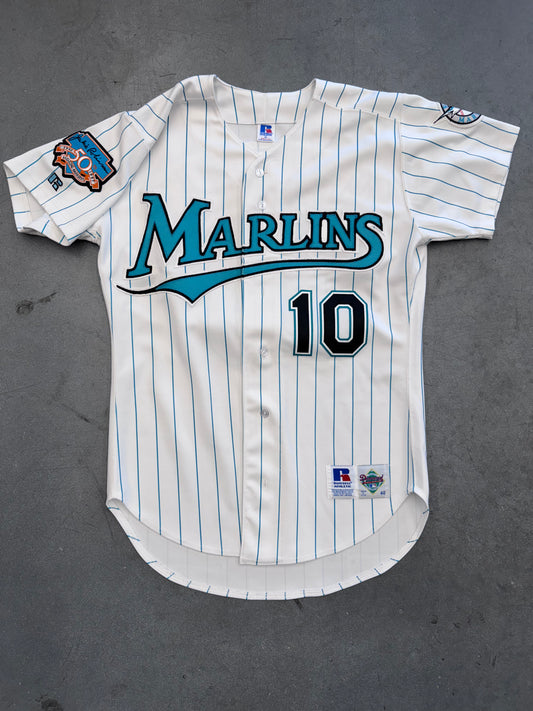 1997 FLORIDA MARLINS RUSSELL ATHLETIC DIAMOND COLLECTION STRIPED JERSEY (SHEFFIELD 10)