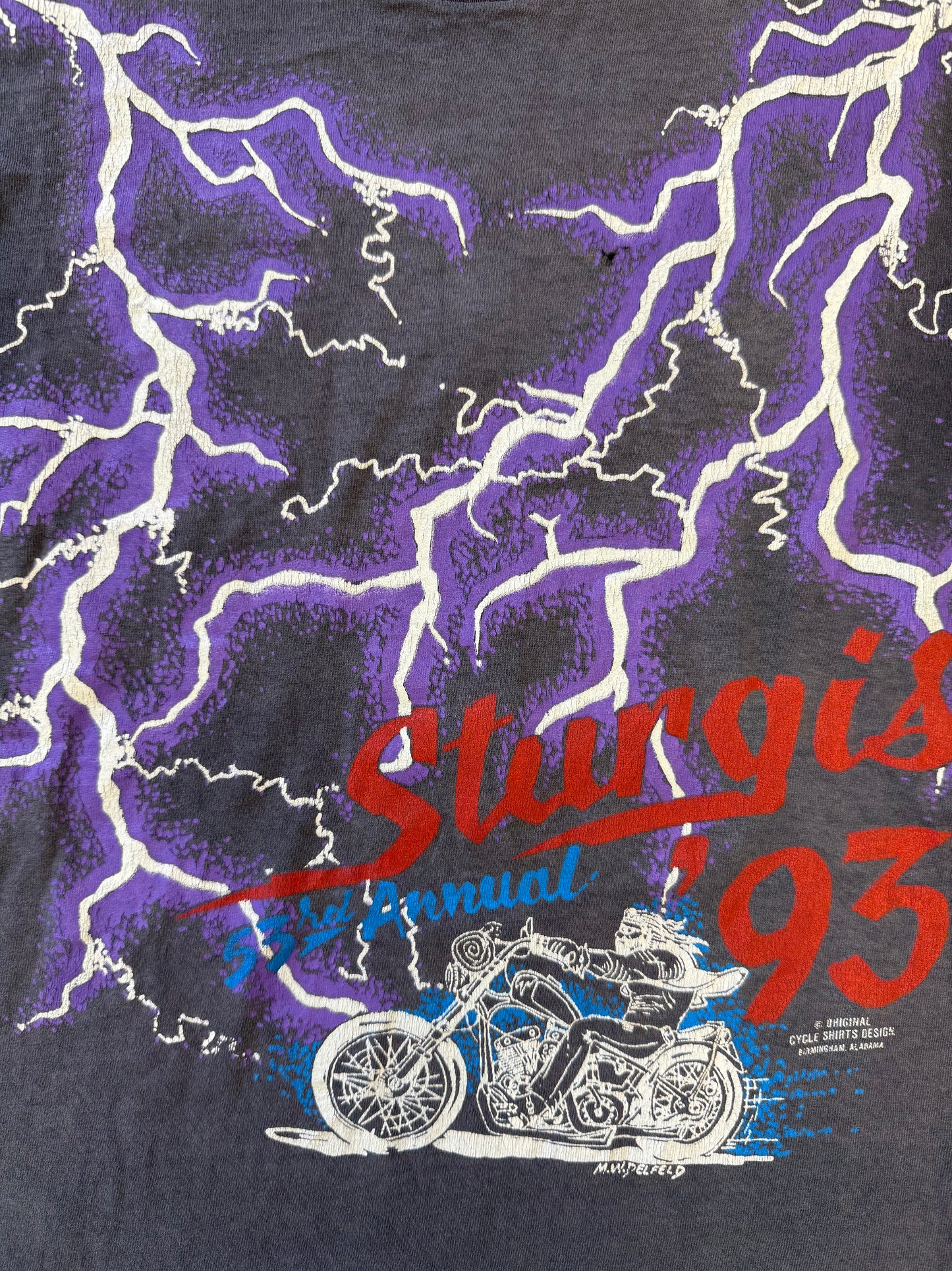 1993 STURGIS 53RD ANNUAL LIGHTNING FADED LS TEE (CENTER CUT TAG)