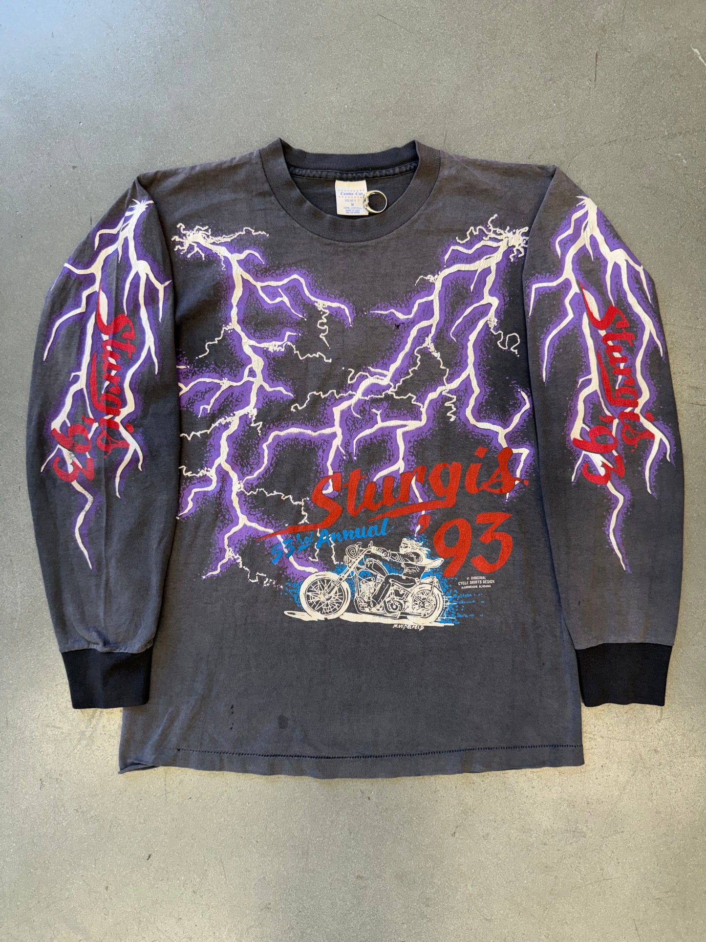 1993 STURGIS 53RD ANNUAL LIGHTNING FADED LS TEE (CENTER CUT TAG)