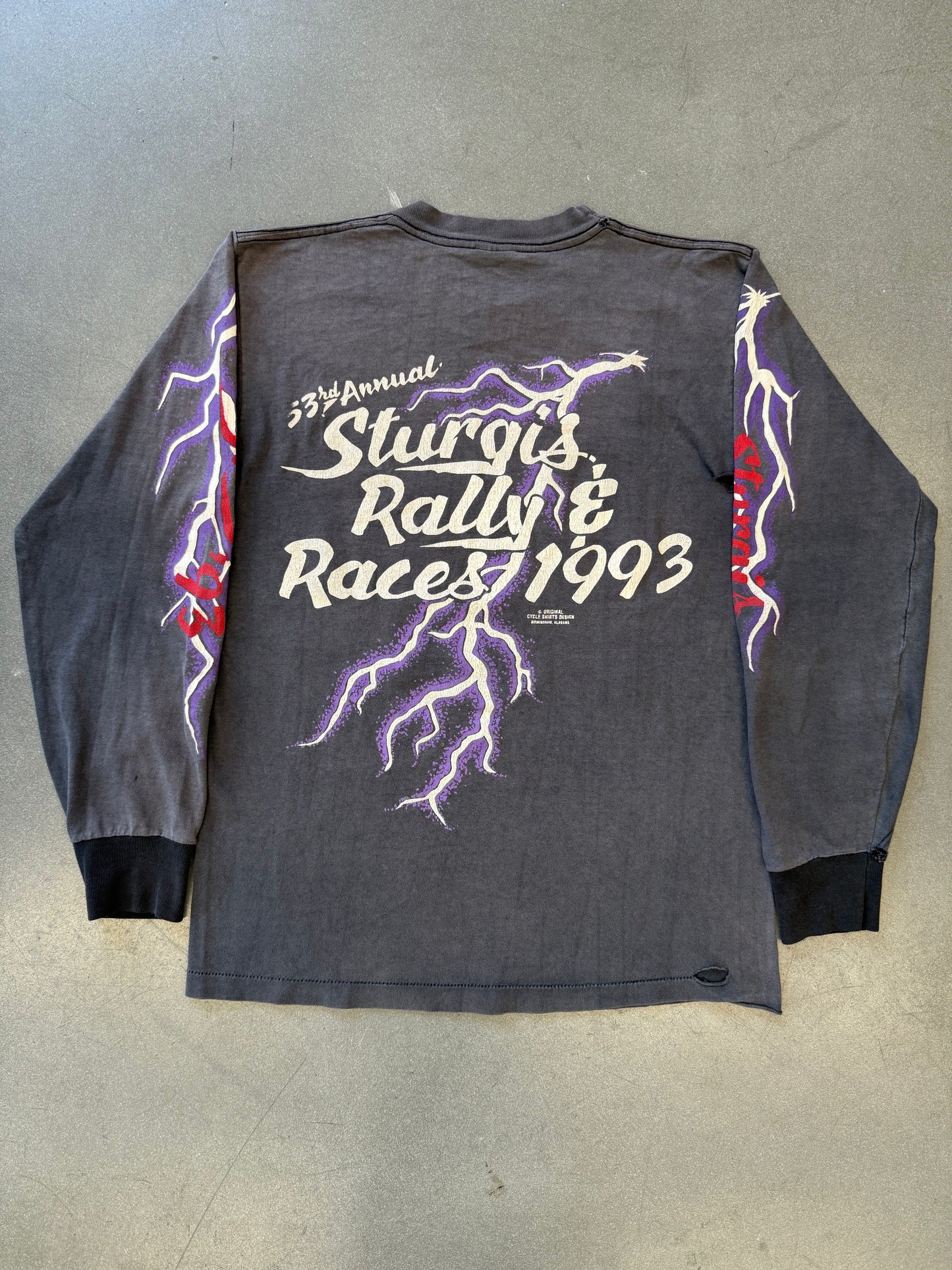 1993 STURGIS 53RD ANNUAL LIGHTNING FADED LS TEE (CENTER CUT TAG)