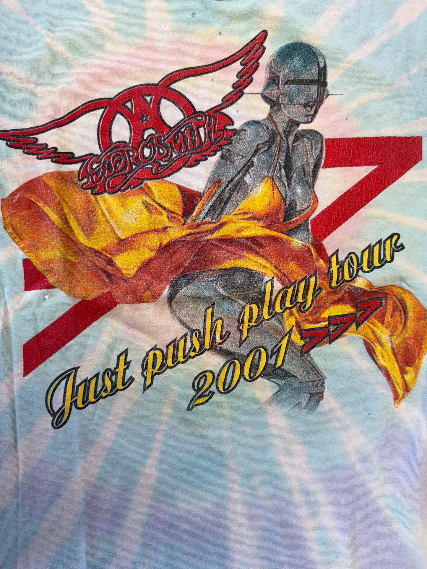 2001 AEROSMITH JUST PUSH PLAY TOUR PARKING LOT BOOTLEG TIE DYE TEE (DELTA TAG)