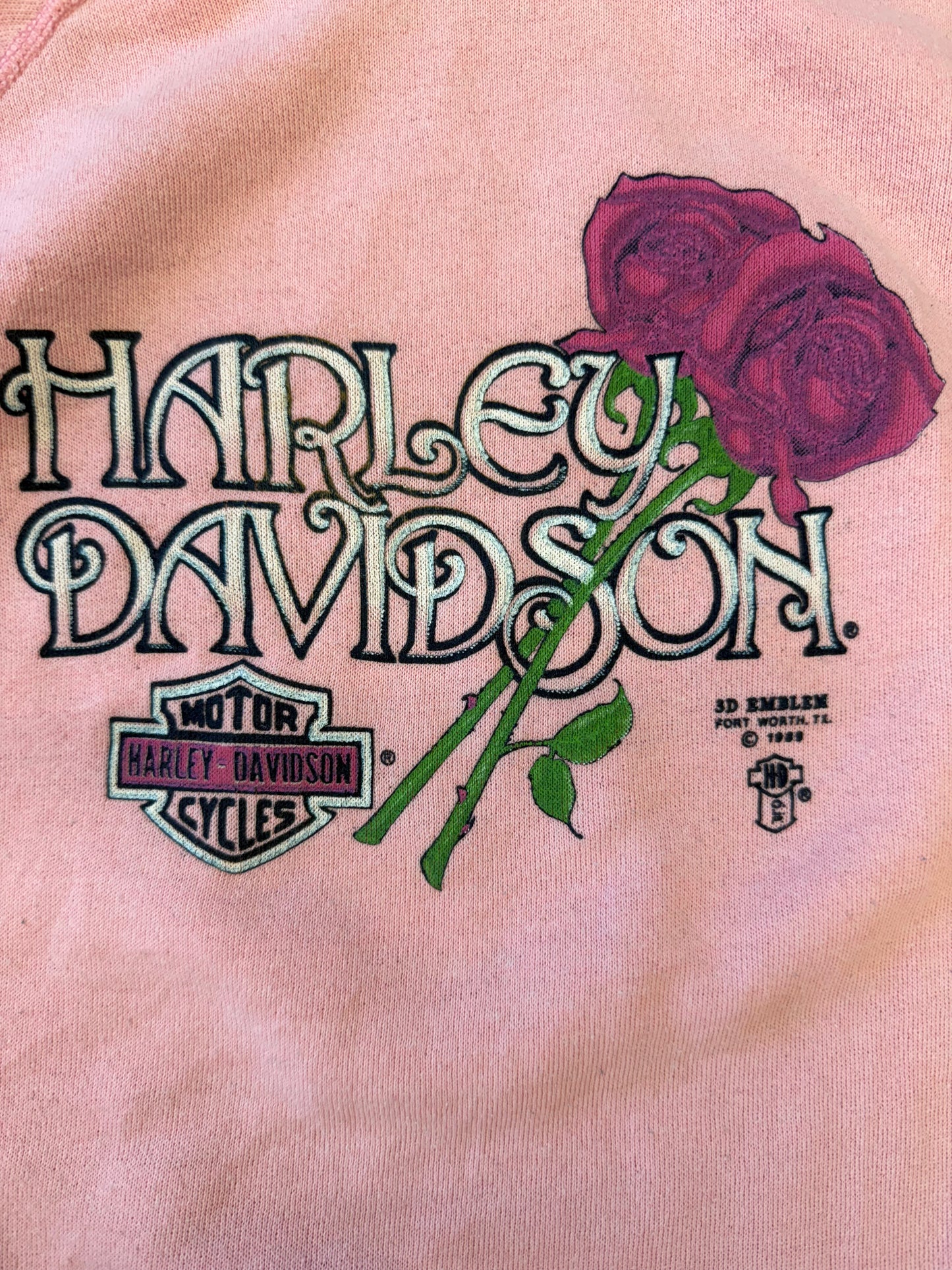 1989 HARLEY DAVIDSON MOTORCYCLES 3D EMBLEM ROSES PINK CREWNECK