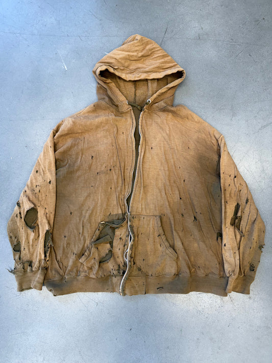 1950'S THRASHED SELVEDGED WAFFLE LINE ZIP UP HOODIE