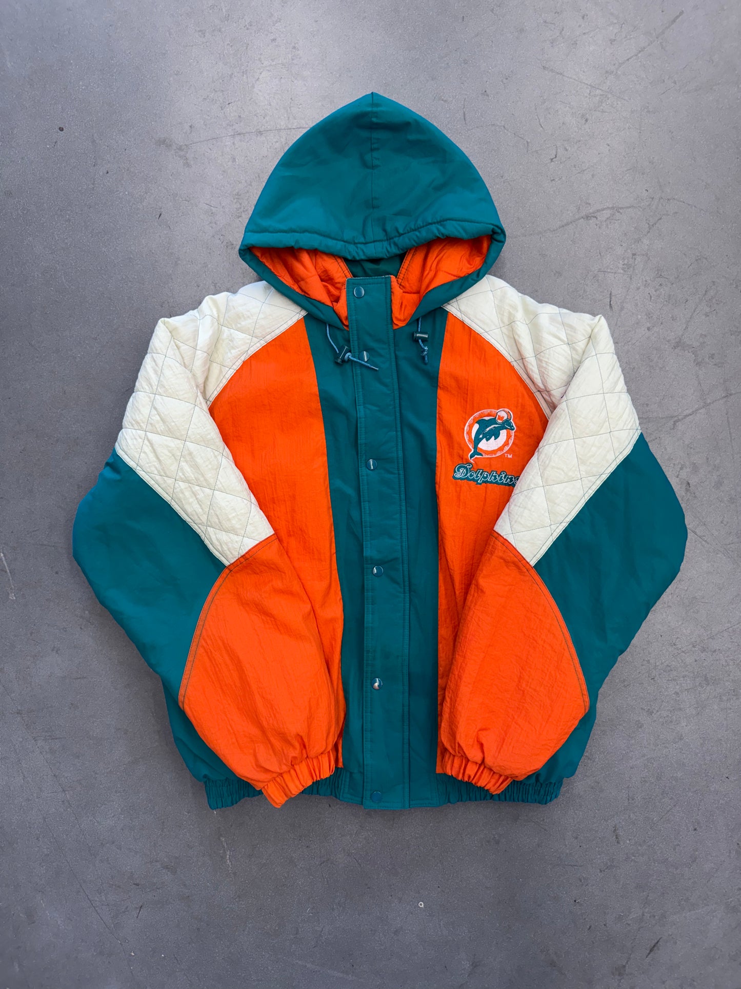 90'S STARTER MIAMI DOLPHINS DIAMOND PATTERN SLEEVE PUFFER JACKET (XL)