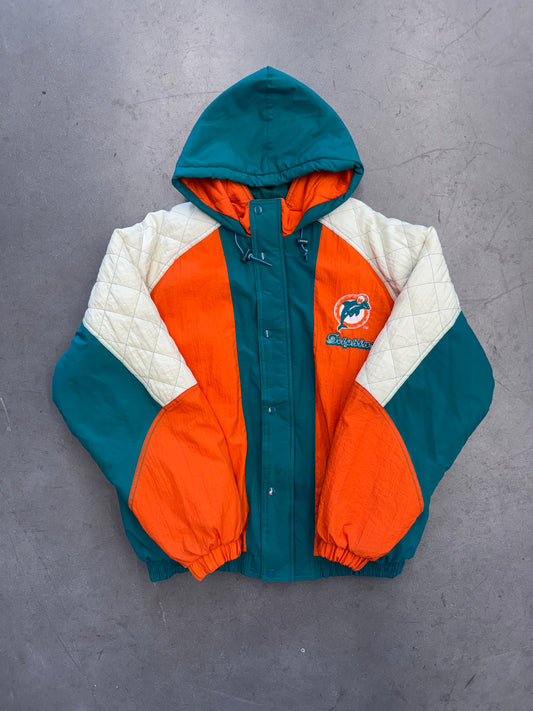 90'S STARTER MIAMI DOLPHINS DIAMOND PATTERN SLEEVE PUFFER JACKET (XL)