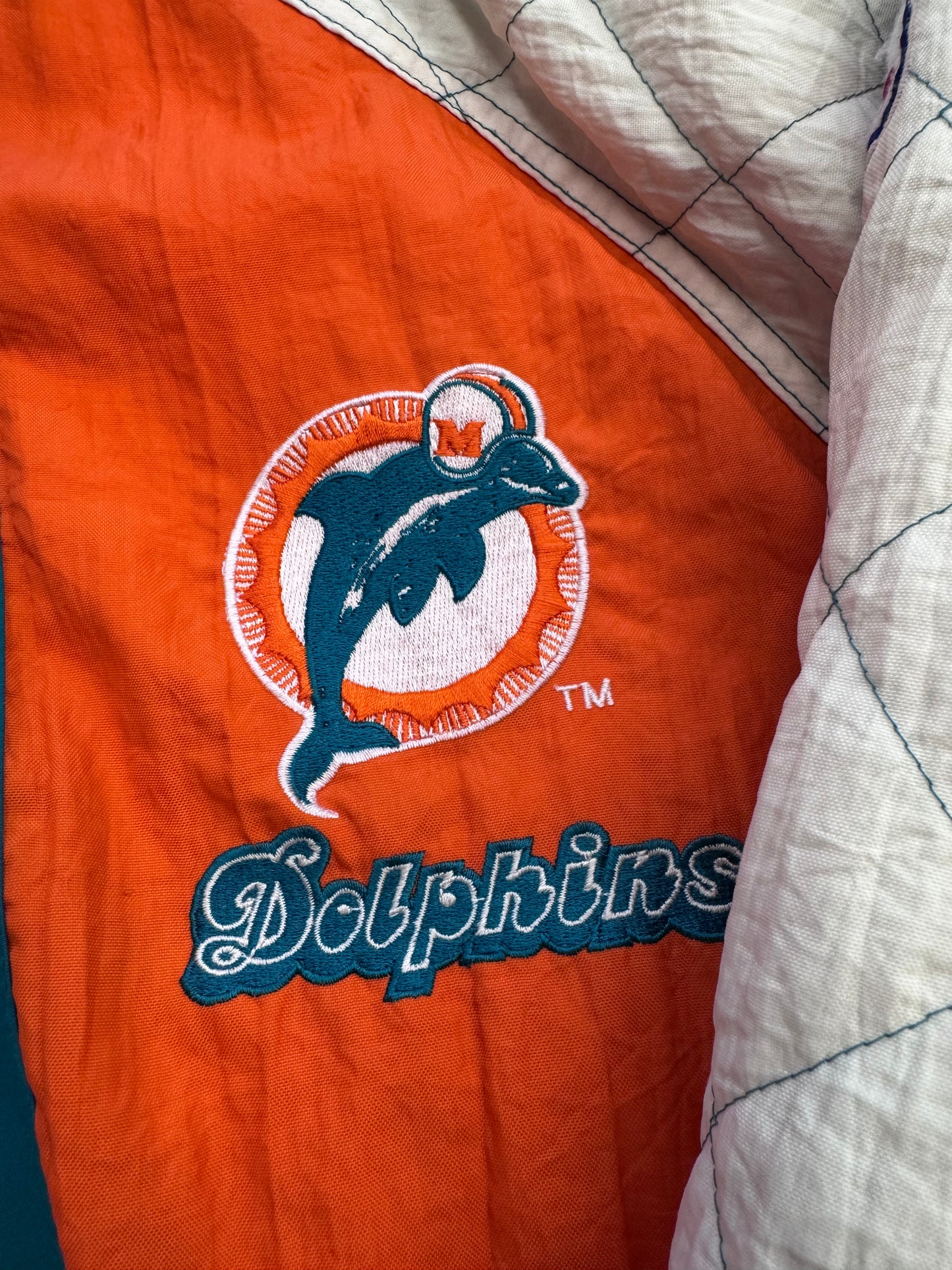 90'S STARTER MIAMI DOLPHINS DIAMOND PATTERN SLEEVE PUFFER JACKET (XL)