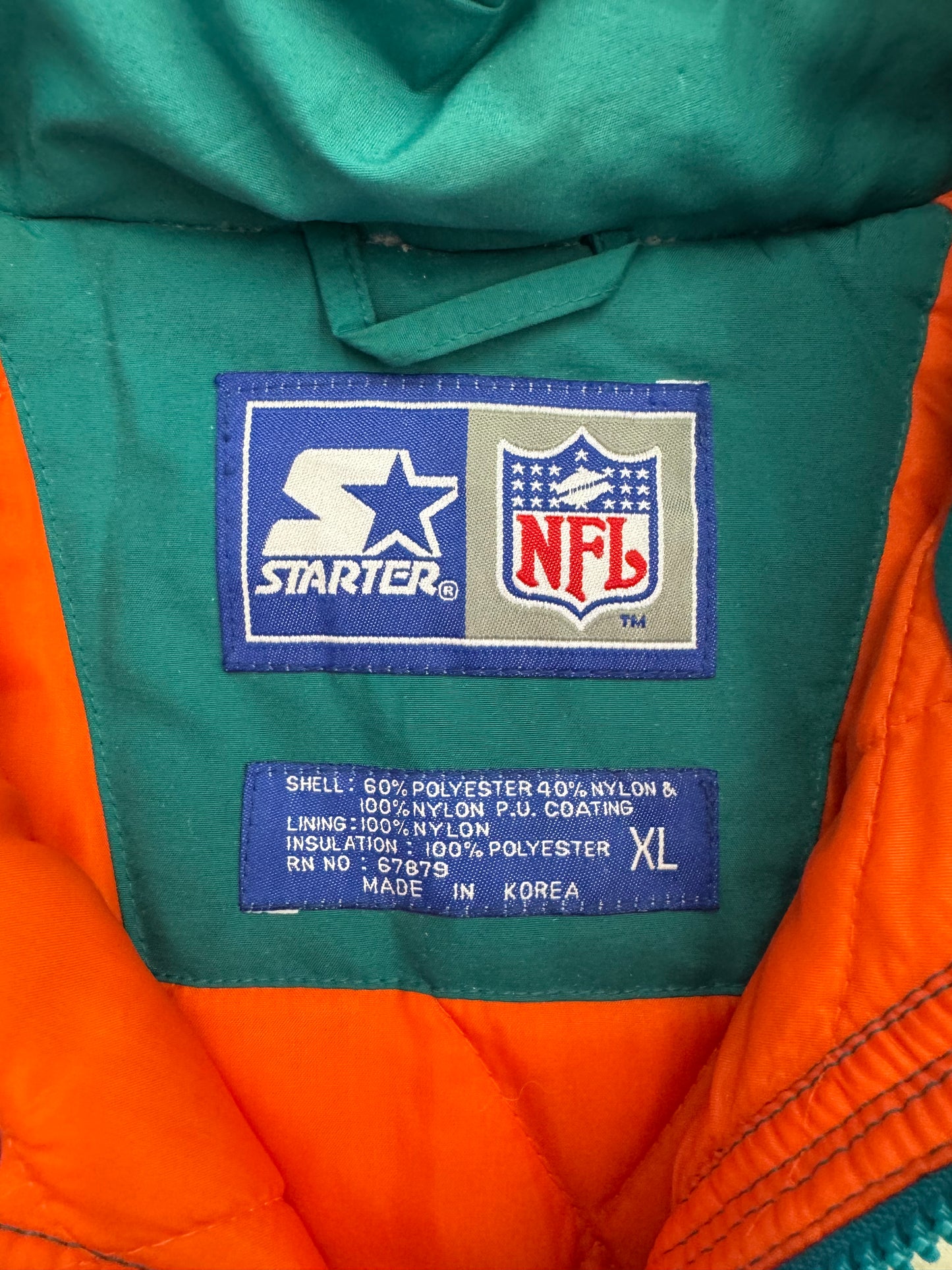 90'S STARTER MIAMI DOLPHINS DIAMOND PATTERN SLEEVE PUFFER JACKET (XL)