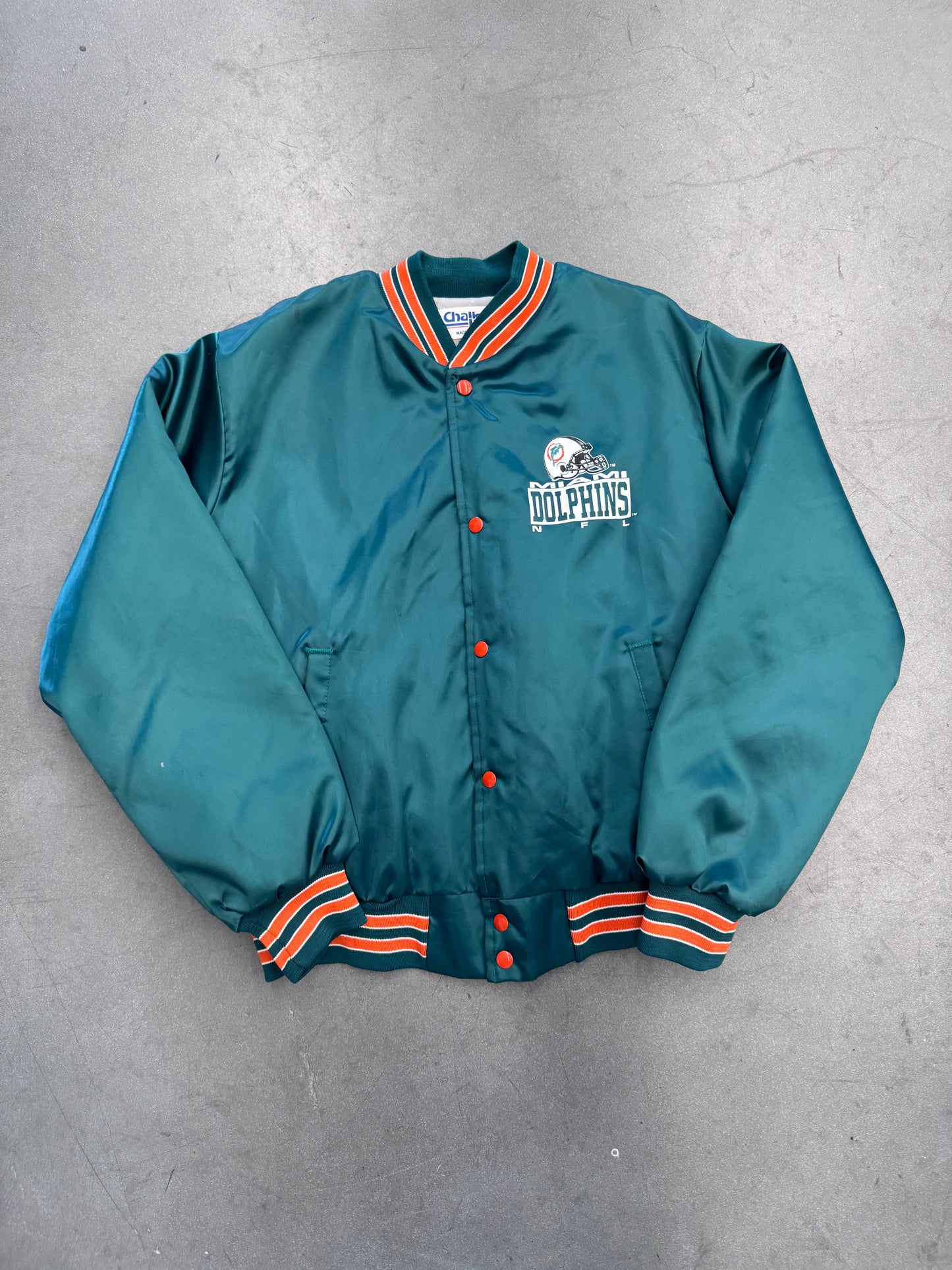 90'S MIAMI DOLPHINS NFL CHALKLINE TEAL SATIN JACKET