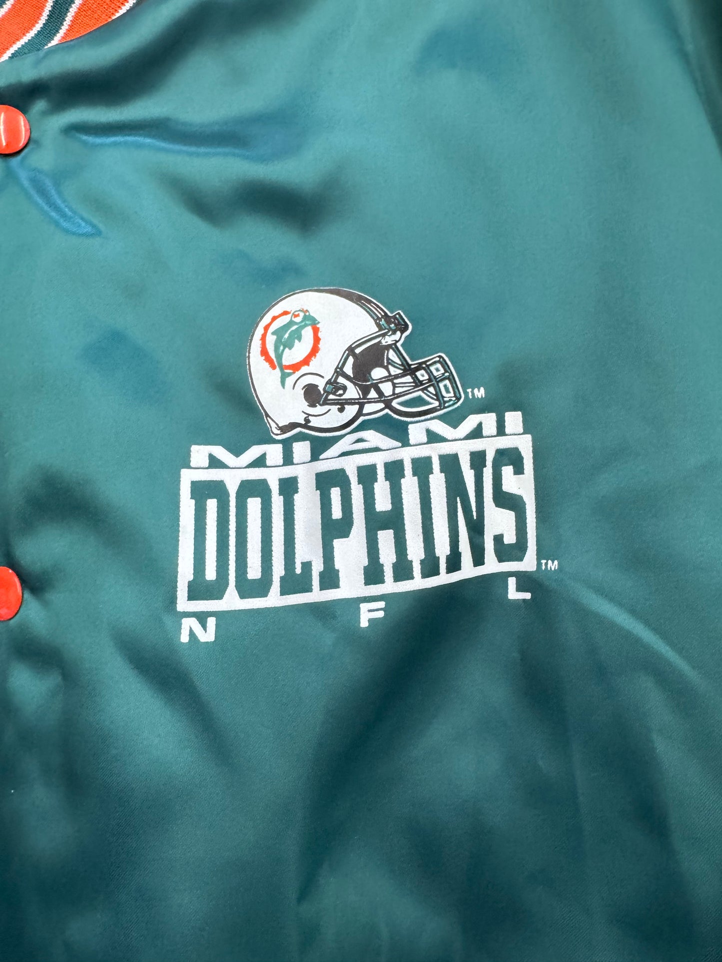 90'S MIAMI DOLPHINS NFL CHALKLINE TEAL SATIN JACKET