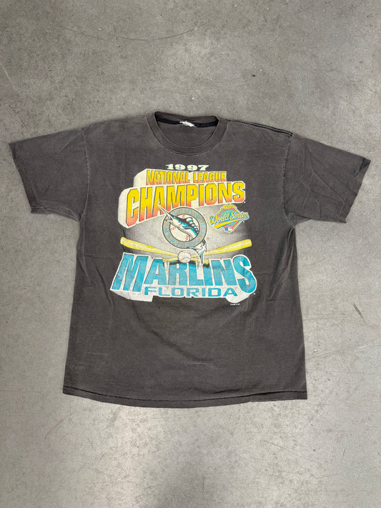 1997 FLORIDA MARLINS NATIONAL LEAGUE CHAMPIONS FADED TEE (PULLED TAG)