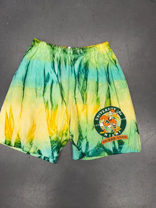 90'S LIGHTWEIGHT UNIVERSITY OF MIAMI TYE DYE SHORTS (XL)