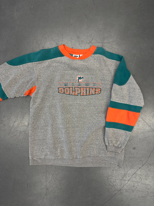 MIAMI DOLPHINS GREY EMBROIDERED SWEATER WITH STRIPED SLEEVES (THE EDGE TAG)
