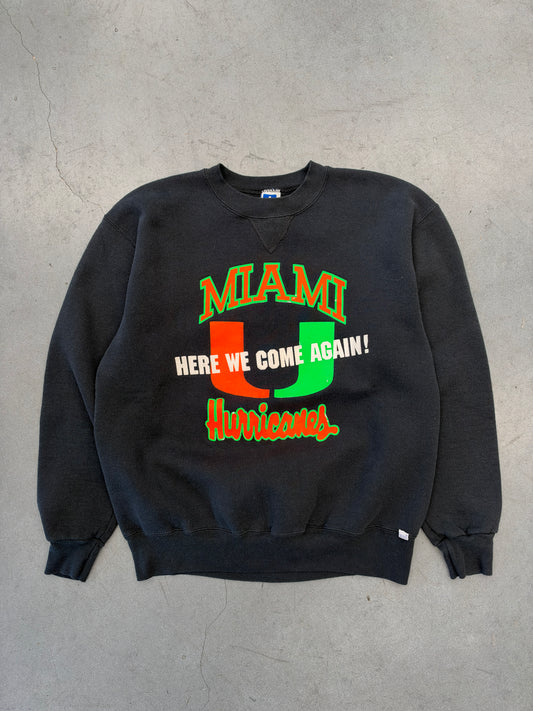 90S UNIVERSITY OF MIAMI HURRICANES HERE WE COME AGAIN! CREW NECK SWEATER (RUSSELL TAG)