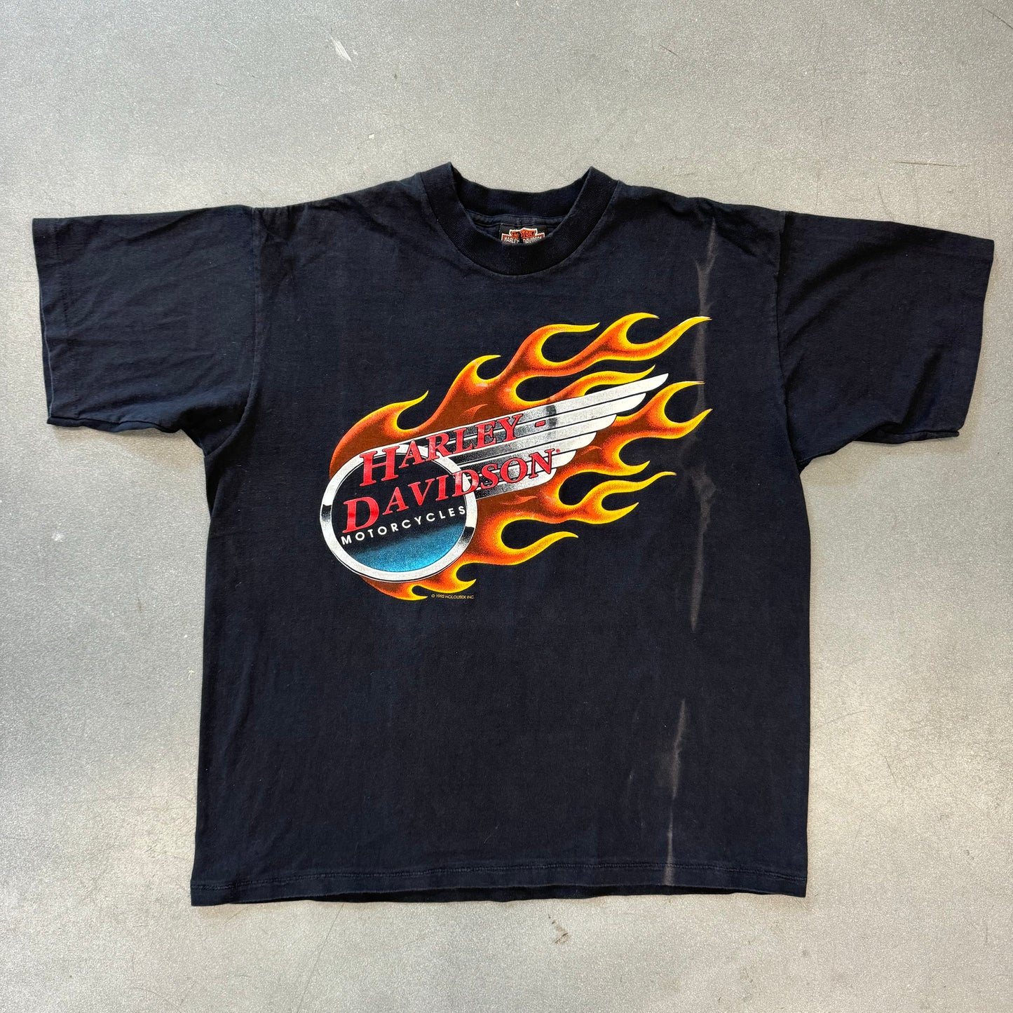 1992 HARLEY-DAVIDSON MOTORCYCLES CIRCLE IN FLAMES TEE (RIPPED HARLEY TAG)